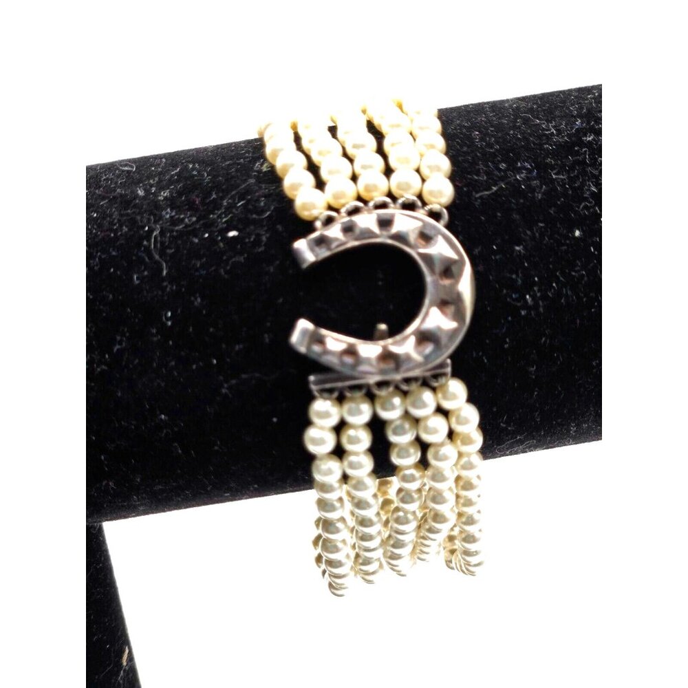 Vintage Junko Shimada Lucky Pearl Sterling Horsehoe Bracelet Signed